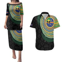 Tafea Tribal Tattoo with Namele Leaves Couples Matching Puletasi and Hawaiian Shirt LT03 Black - Polynesian Pride