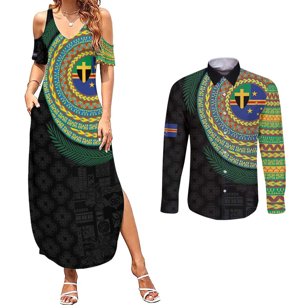 Tafea Tribal Tattoo with Namele Leaves Couples Matching Summer Maxi Dress and Long Sleeve Button Shirt LT03 Black - Polynesian Pride
