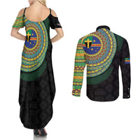 Tafea Tribal Tattoo with Namele Leaves Couples Matching Summer Maxi Dress and Long Sleeve Button Shirt LT03 - Polynesian Pride