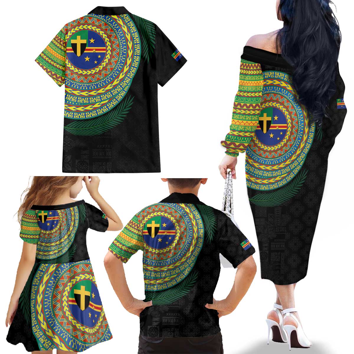 Tafea Tribal Tattoo with Namele Leaves Family Matching Off The Shoulder Long Sleeve Dress and Hawaiian Shirt