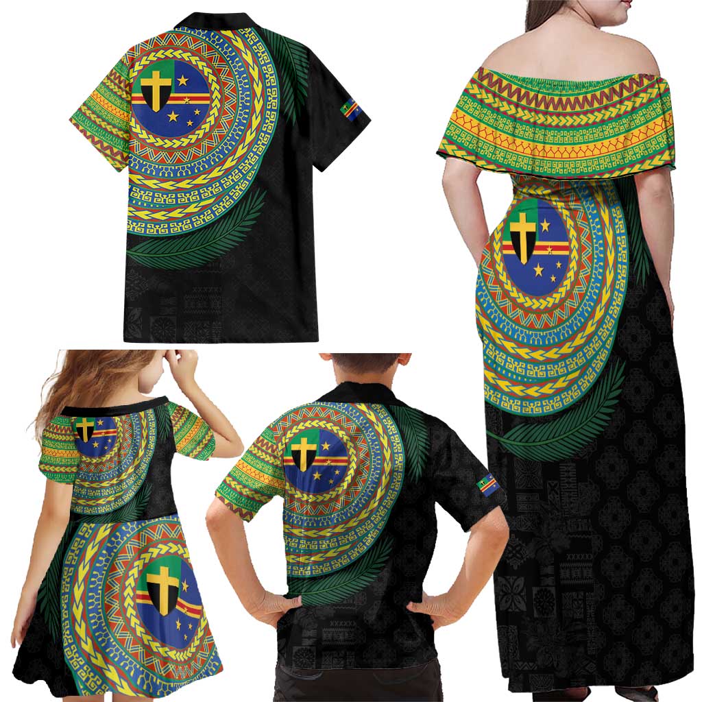 Tafea Tribal Tattoo with Namele Leaves Family Matching Off Shoulder Maxi Dress and Hawaiian Shirt