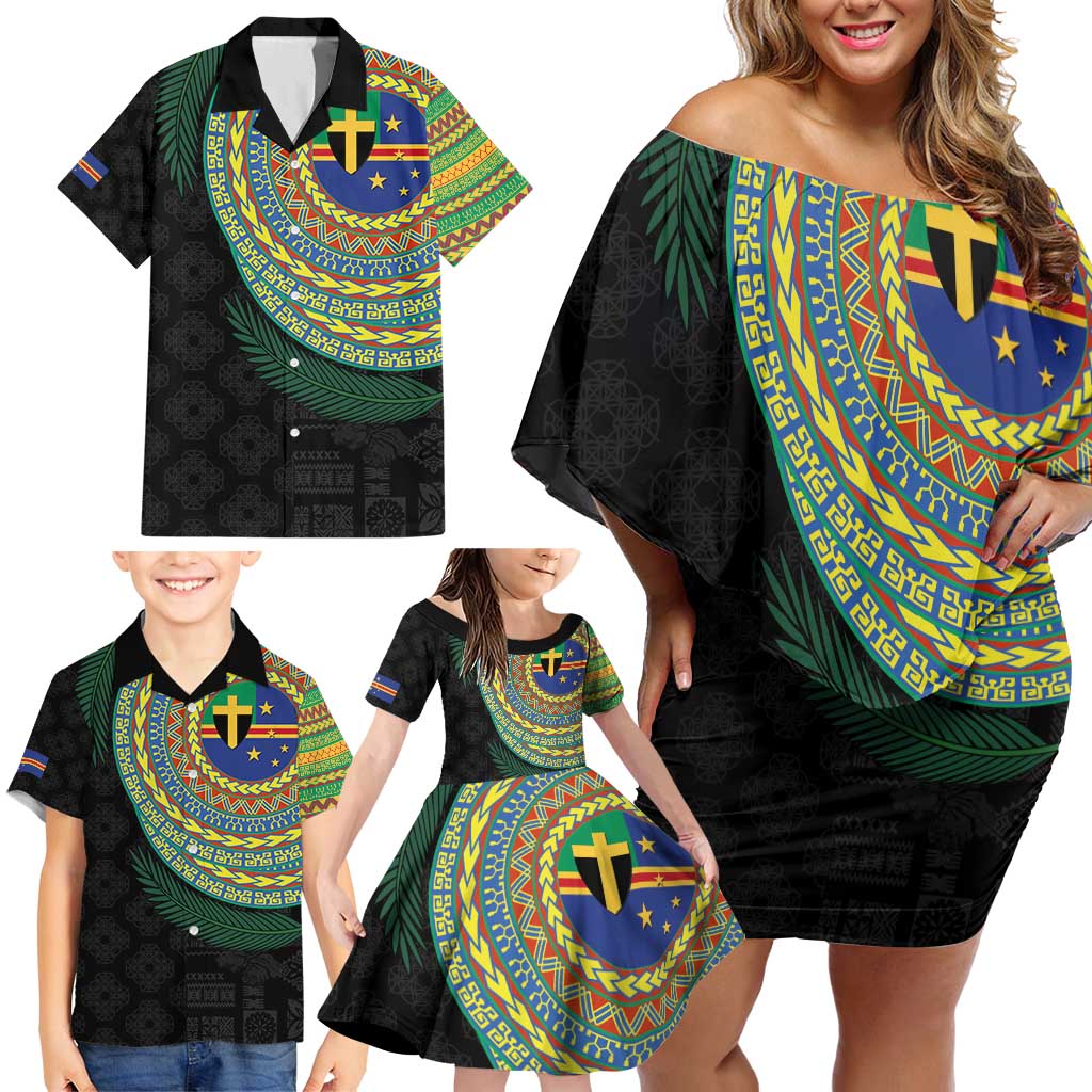 Tafea Tribal Tattoo with Namele Leaves Family Matching Off Shoulder Short Dress and Hawaiian Shirt