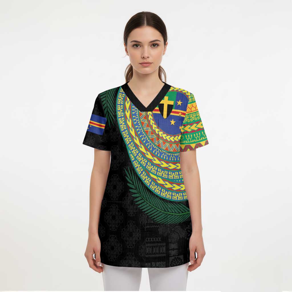 Tafea Tribal Tattoo with Namele Leaves Scrub Top - Polynesian Pride