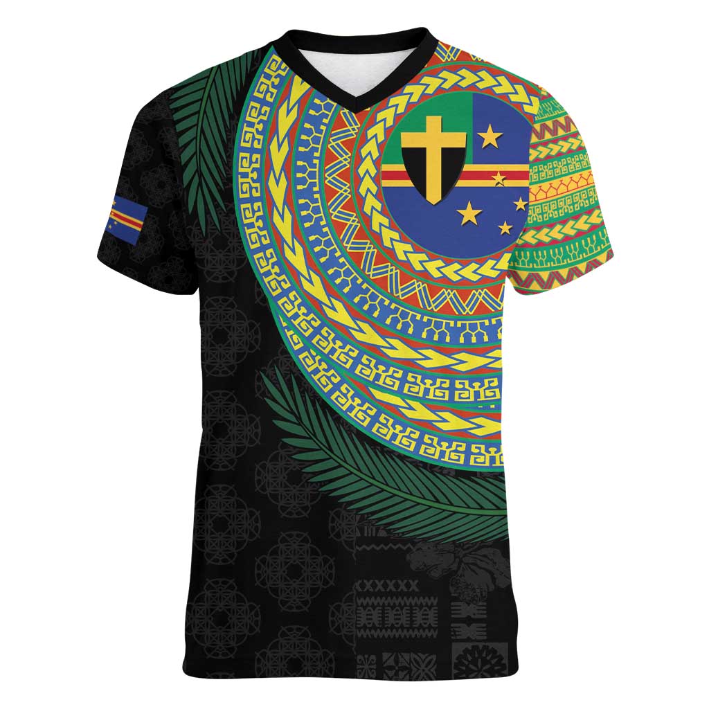 Tafea Tribal Tattoo with Namele Leaves Women V-Neck T-Shirt LT03 Female Black - Polynesian Pride
