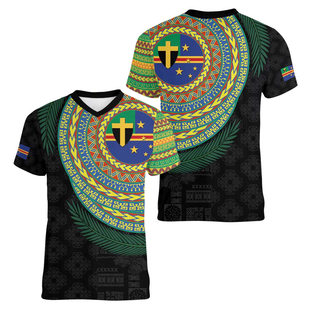 Tafea Tribal Tattoo with Namele Leaves Women V-Neck T-Shirt LT03 - Polynesian Pride