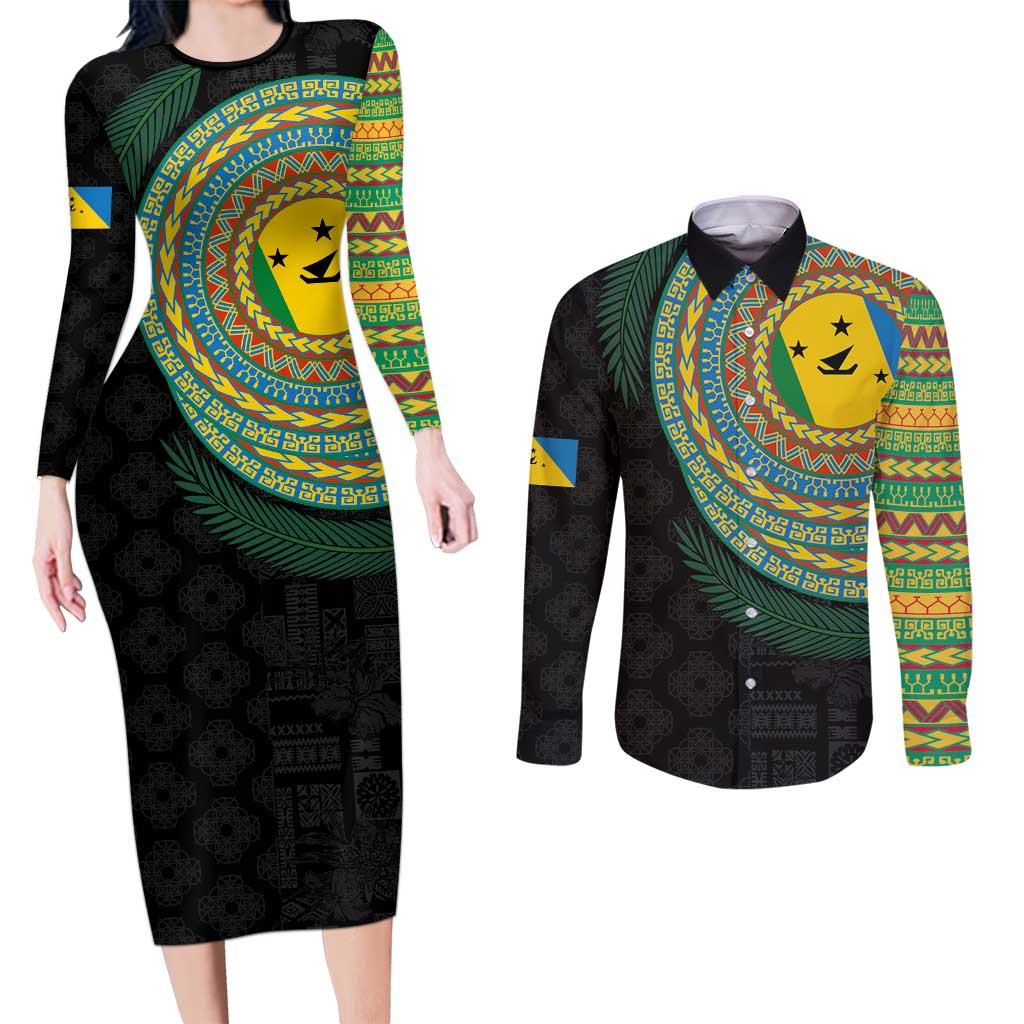 Malampa Tribal Tattoo with Namele Leaves Couples Matching Long Sleeve Bodycon Dress and Long Sleeve Button Shirt LT03 Black - Polynesian Pride