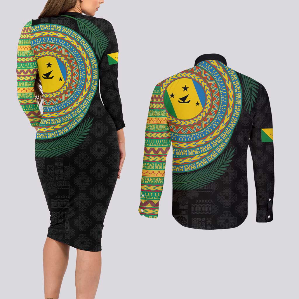 Malampa Tribal Tattoo with Namele Leaves Couples Matching Long Sleeve Bodycon Dress and Long Sleeve Button Shirt LT03 - Polynesian Pride