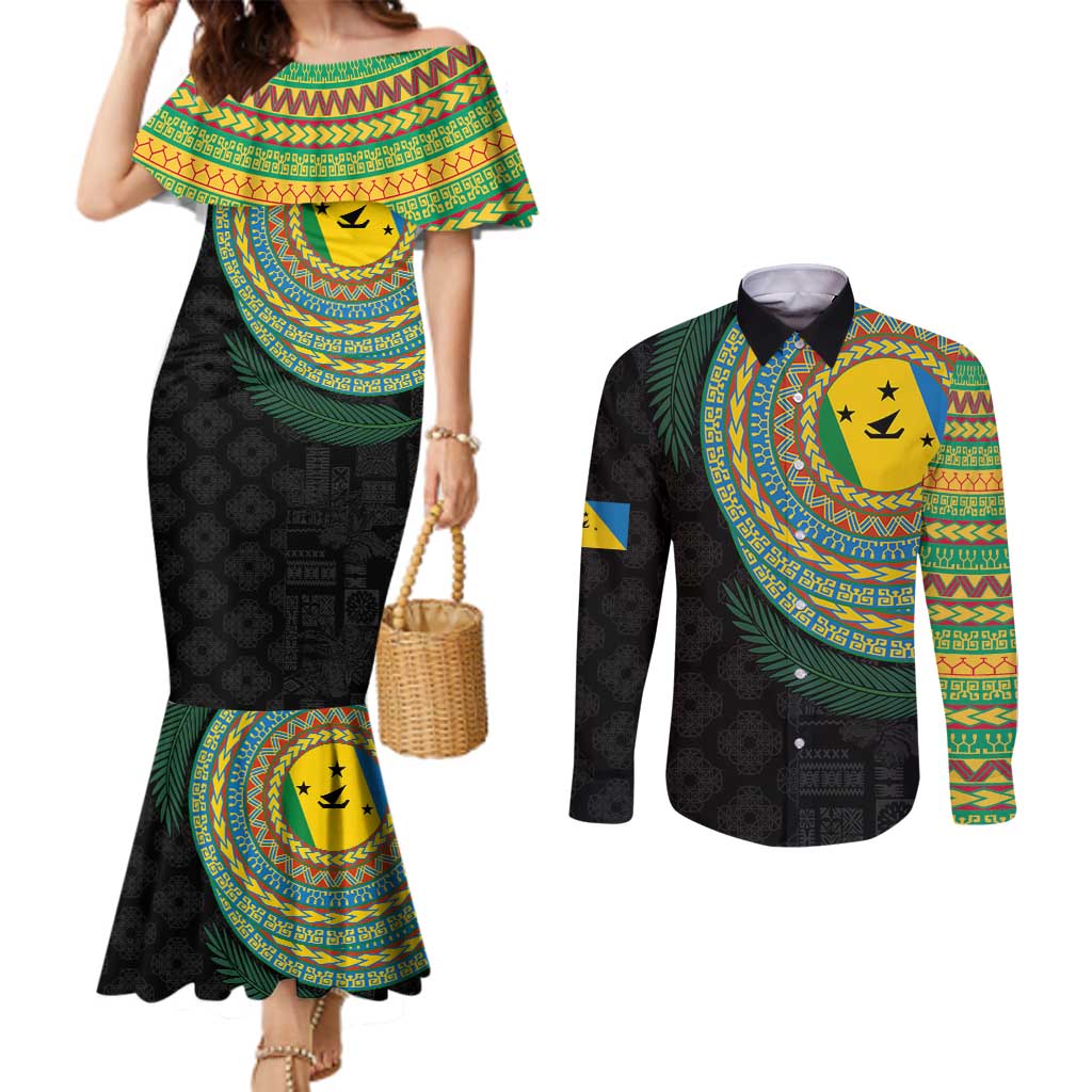 Malampa Tribal Tattoo with Namele Leaves Couples Matching Mermaid Dress and Long Sleeve Button Shirt LT03 Black - Polynesian Pride
