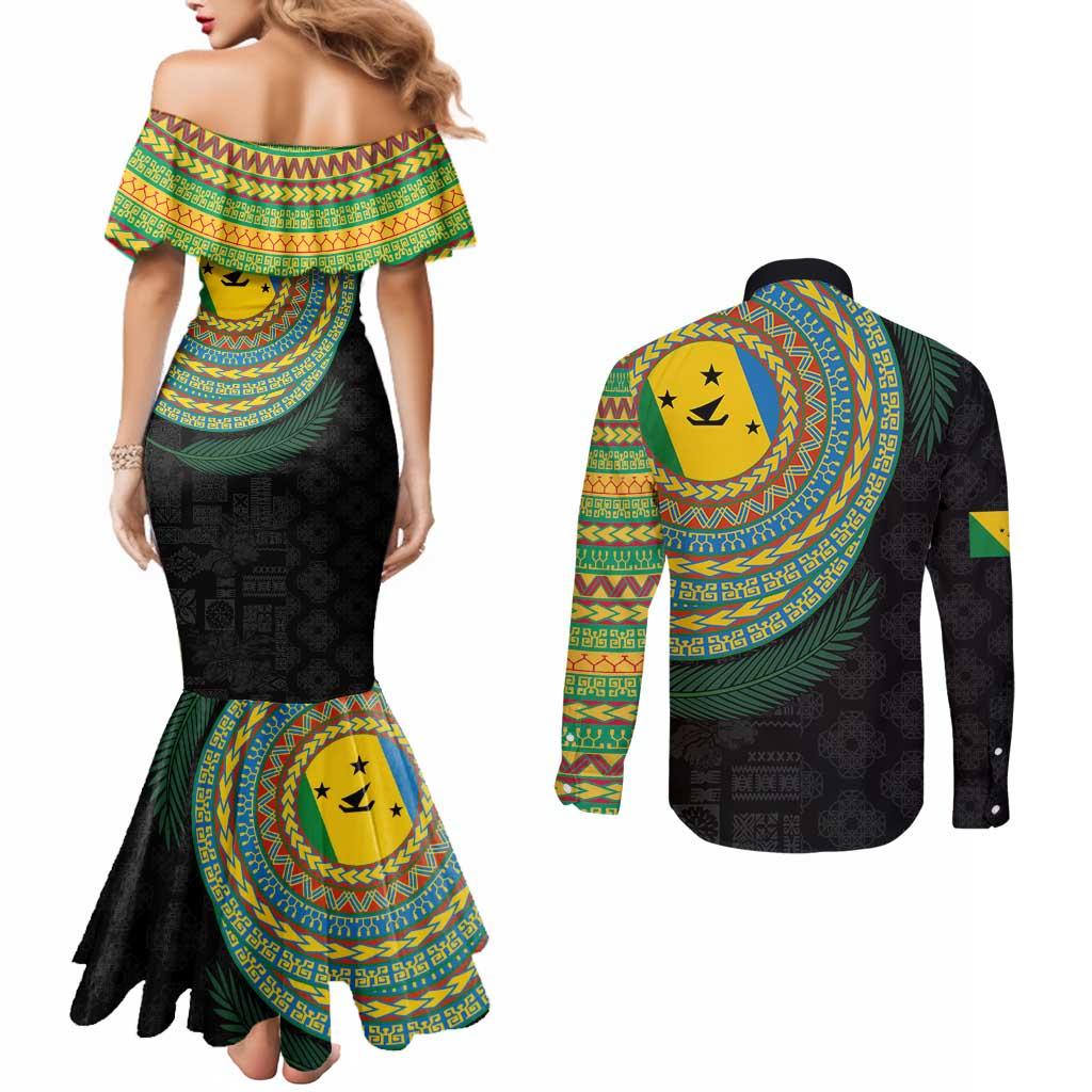Malampa Tribal Tattoo with Namele Leaves Couples Matching Mermaid Dress and Long Sleeve Button Shirt LT03 - Polynesian Pride