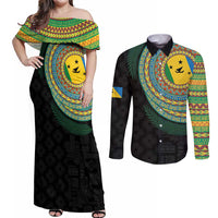 Malampa Tribal Tattoo with Namele Leaves Couples Matching Off Shoulder Maxi Dress and Long Sleeve Button Shirt LT03 Black - Polynesian Pride