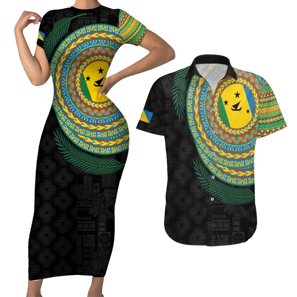 Malampa Tribal Tattoo with Namele Leaves Couples Matching Short Sleeve Bodycon Dress and Hawaiian Shirt