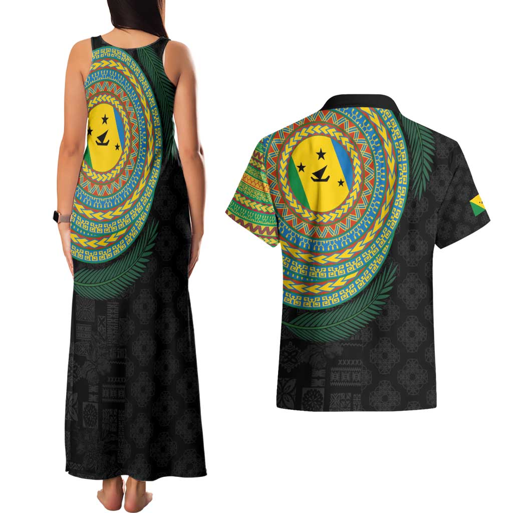 Malampa Tribal Tattoo with Namele Leaves Couples Matching Tank Maxi Dress and Hawaiian Shirt