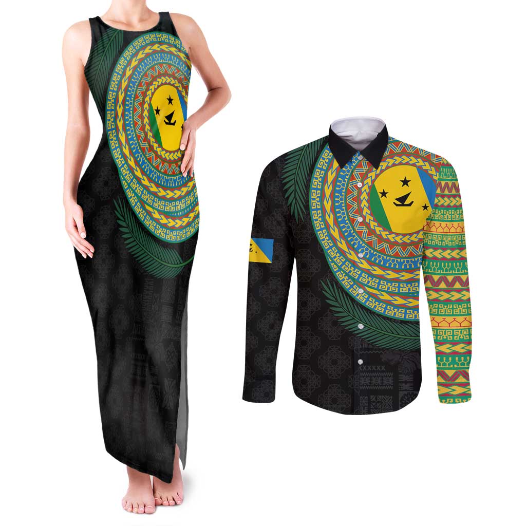 Malampa Tribal Tattoo with Namele Leaves Couples Matching Tank Maxi Dress and Long Sleeve Button Shirt LT03 Black - Polynesian Pride