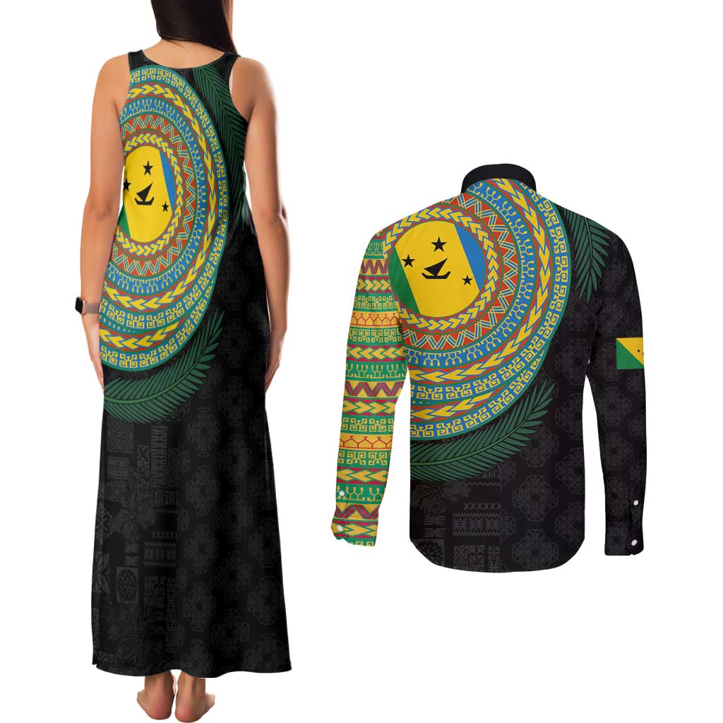 Malampa Tribal Tattoo with Namele Leaves Couples Matching Tank Maxi Dress and Long Sleeve Button Shirt LT03 - Polynesian Pride
