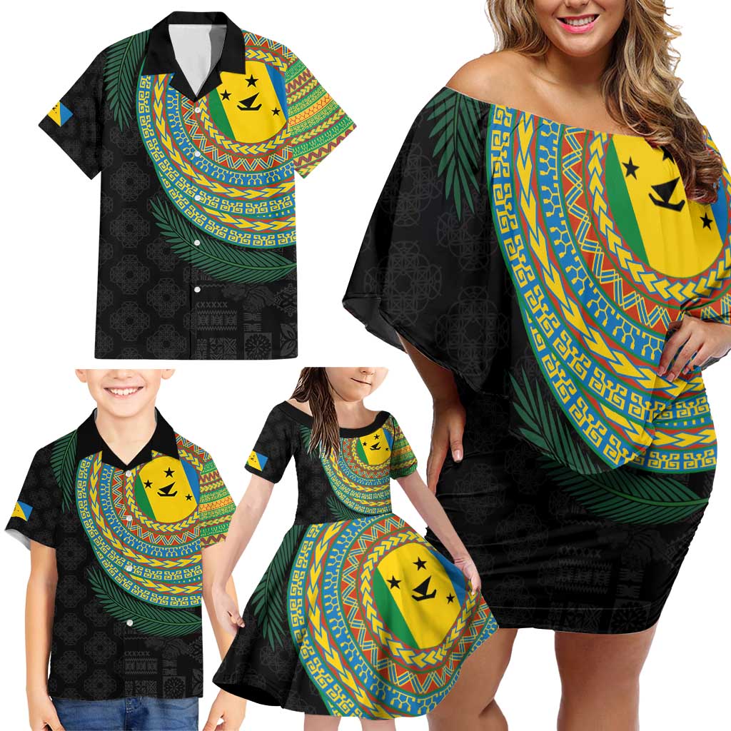 Malampa Tribal Tattoo with Namele Leaves Family Matching Off Shoulder Short Dress and Hawaiian Shirt