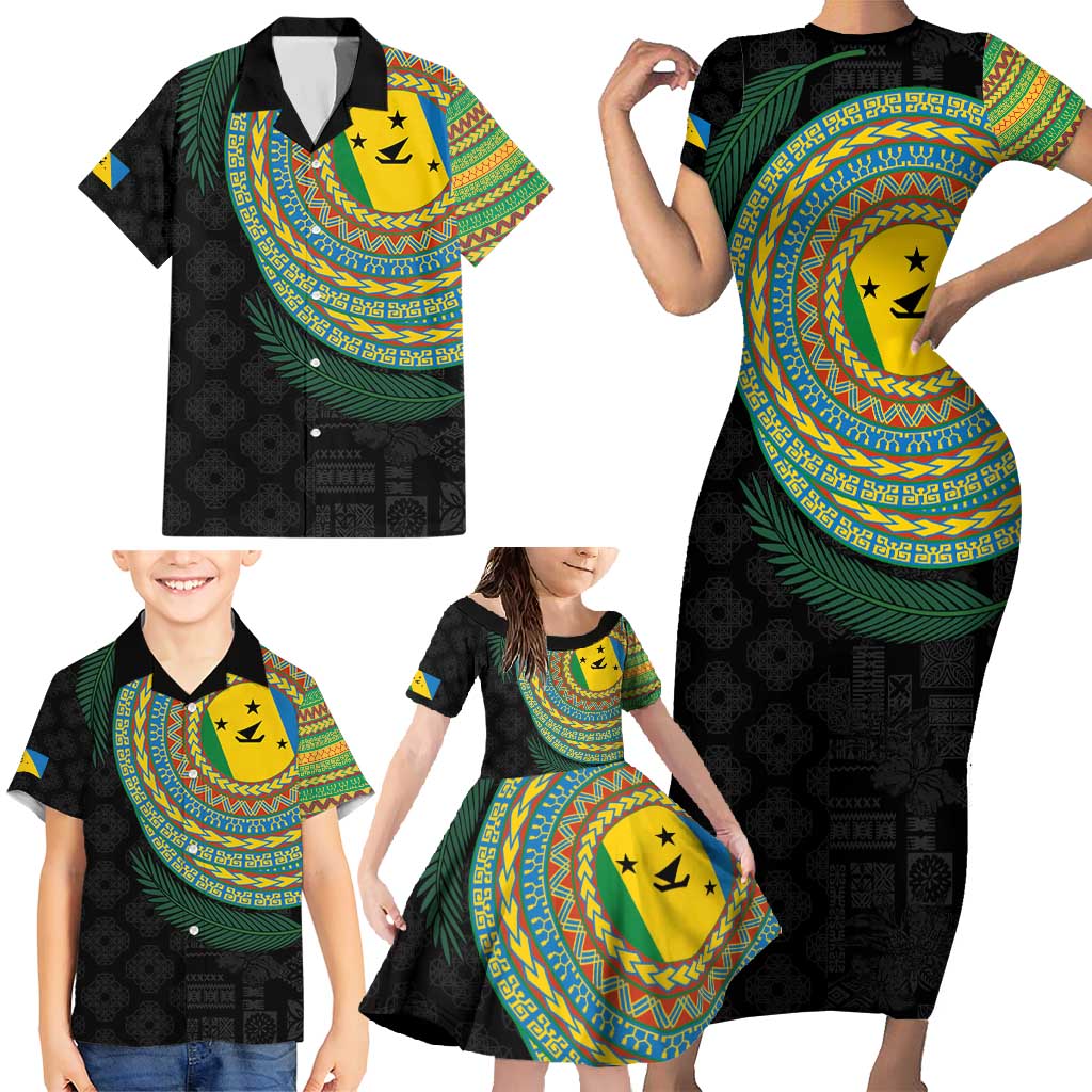 Malampa Tribal Tattoo with Namele Leaves Family Matching Short Sleeve Bodycon Dress and Hawaiian Shirt