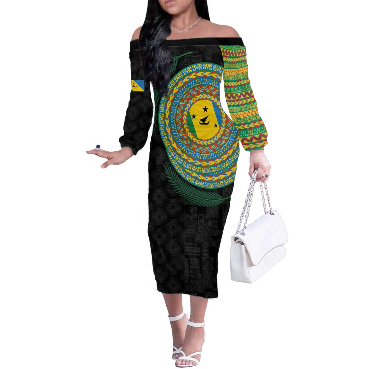 Malampa Tribal Tattoo with Namele Leaves Off The Shoulder Long Sleeve Dress