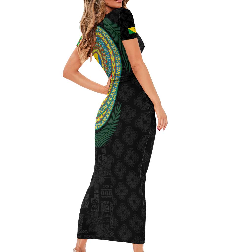 Malampa Tribal Tattoo with Namele Leaves Short Sleeve Bodycon Dress