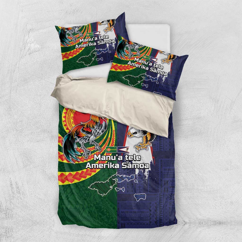 Manuʻa Islands and American Samoa Together Bedding Set Rooster and Eagle Mascot National Map and Flag Style