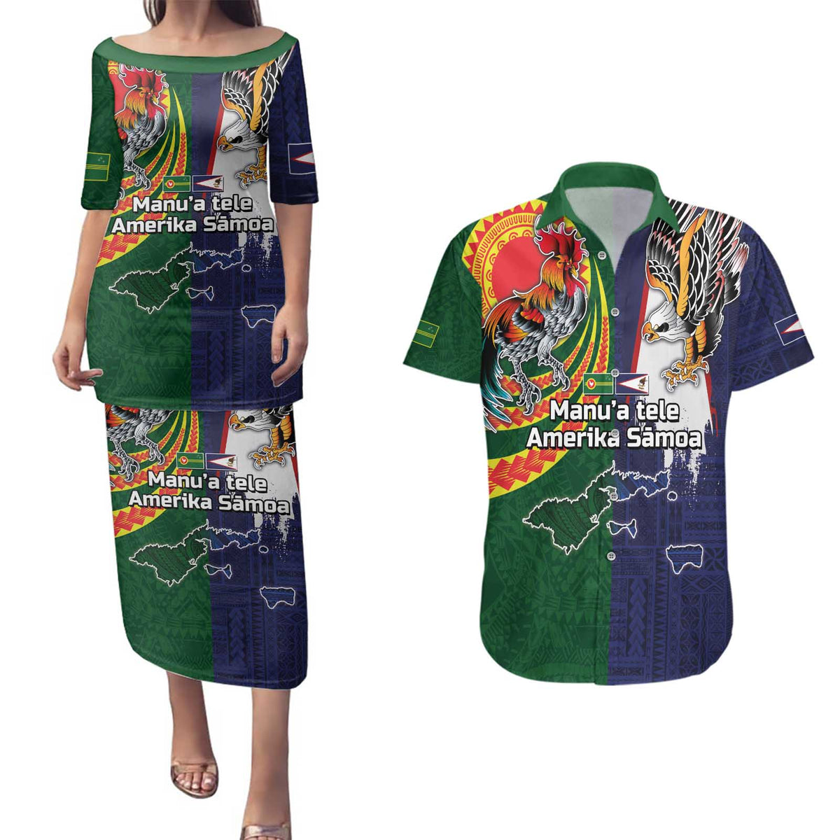 Manuʻa Islands and American Samoa Together Couples Matching Puletasi and Hawaiian Shirt Rooster and Eagle Mascot National Map and Flag Style