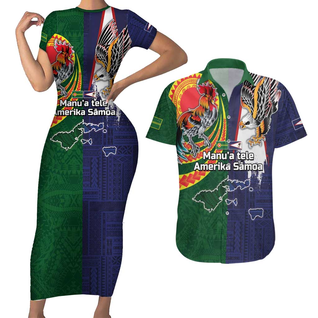 Manuʻa Islands and American Samoa Together Couples Matching Short Sleeve Bodycon Dress and Hawaiian Shirt Rooster and Eagle Mascot National Map and Flag Style