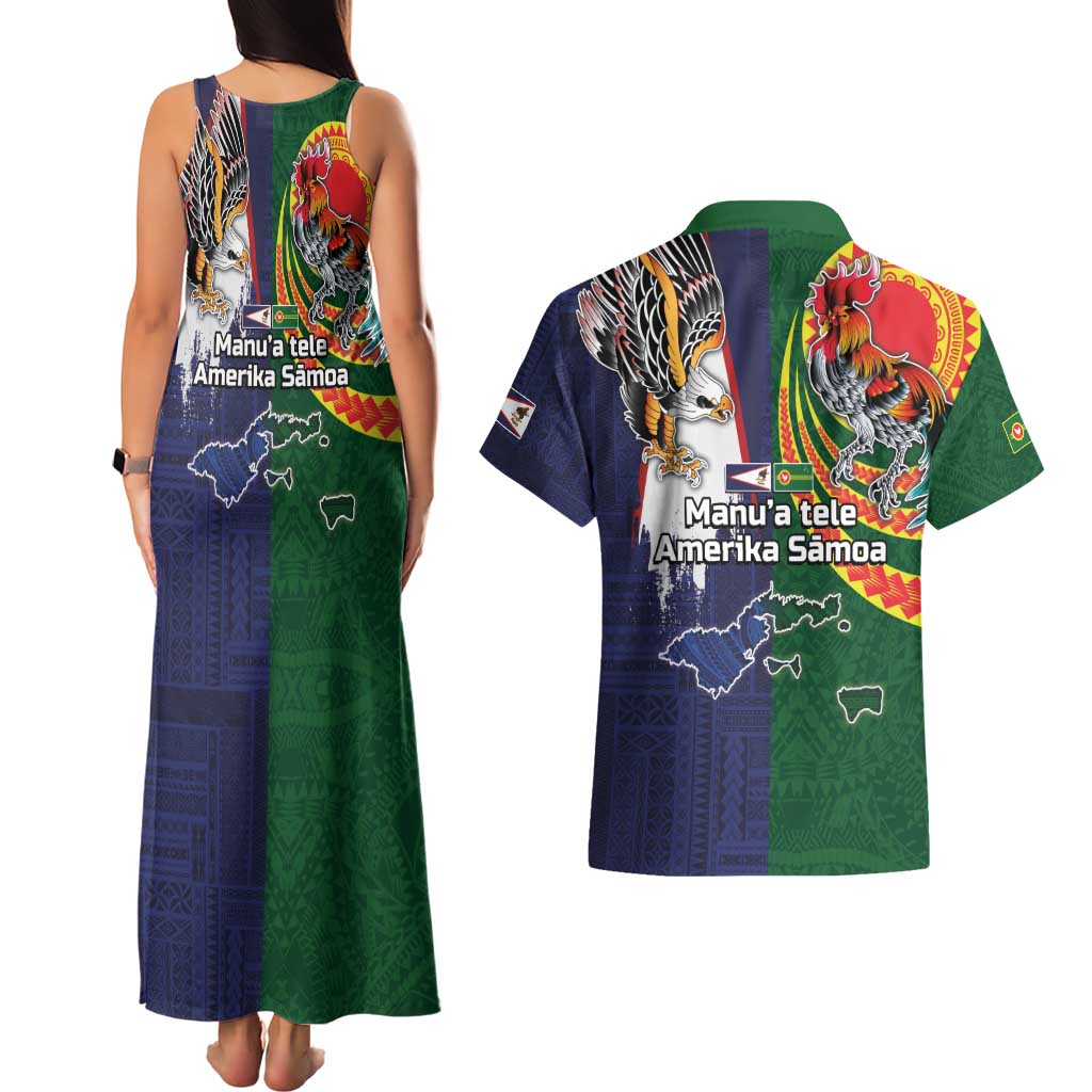 Manuʻa Islands and American Samoa Together Couples Matching Tank Maxi Dress and Hawaiian Shirt Rooster and Eagle Mascot National Map and Flag Style