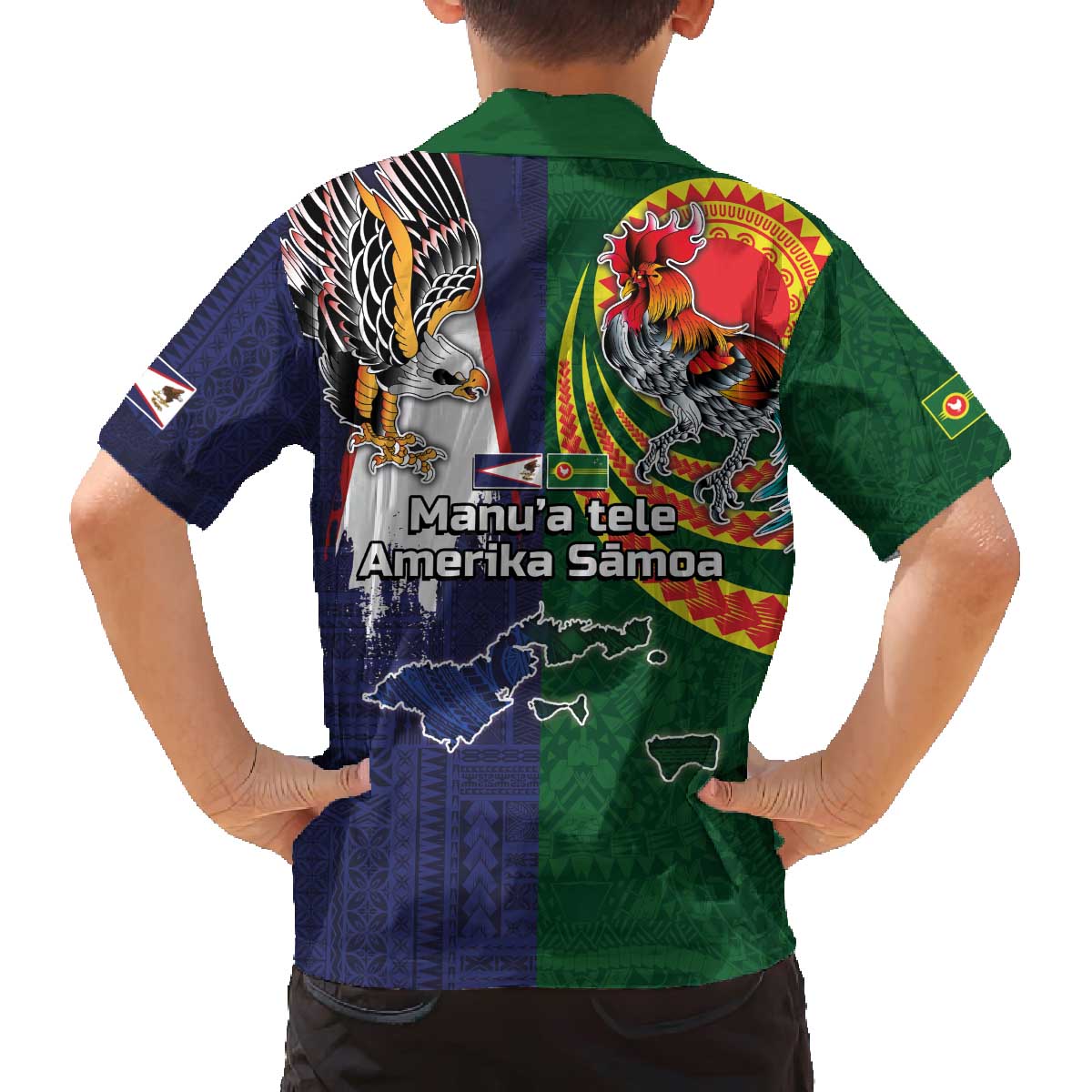 Manuʻa Islands and American Samoa Together Family Matching Off The Shoulder Long Sleeve Dress and Hawaiian Shirt Rooster and Eagle Mascot National Map and Flag Style