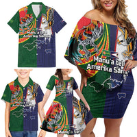 Manuʻa Islands and American Samoa Together Family Matching Off Shoulder Short Dress and Hawaiian Shirt Rooster and Eagle Mascot National Map and Flag Style
