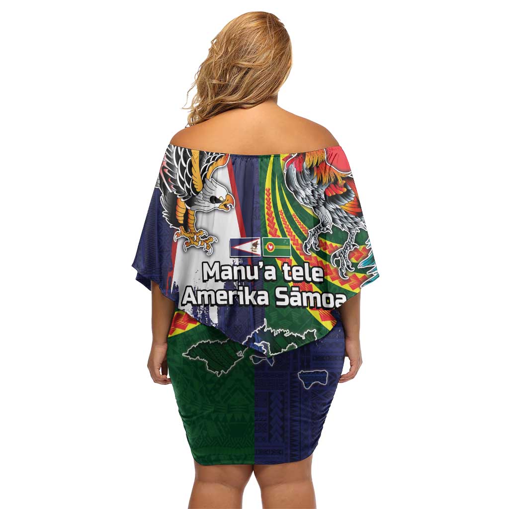 Manuʻa Islands and American Samoa Together Family Matching Off Shoulder Short Dress and Hawaiian Shirt Rooster and Eagle Mascot National Map and Flag Style