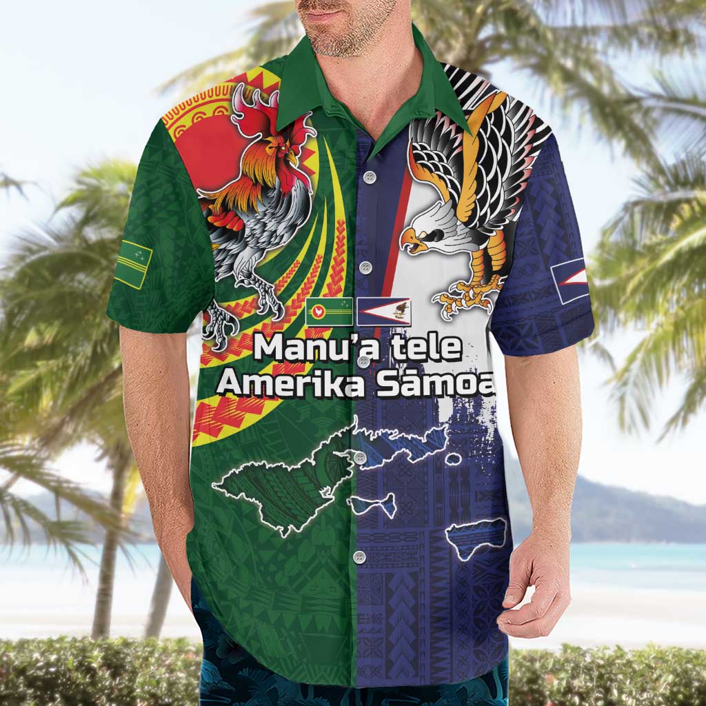 Manuʻa Islands and American Samoa Together Hawaiian Shirt Rooster and Eagle Mascot National Map and Flag Style