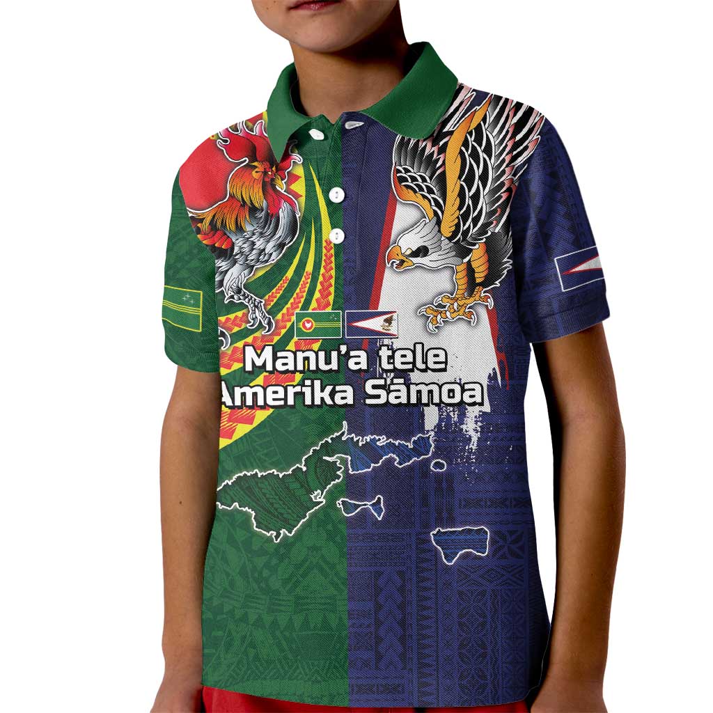 Manuʻa Islands and American Samoa Together Kid Polo Shirt Rooster and Eagle Mascot National Map and Flag Style