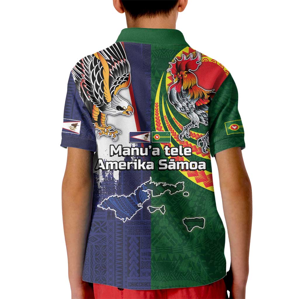 Manuʻa Islands and American Samoa Together Kid Polo Shirt Rooster and Eagle Mascot National Map and Flag Style