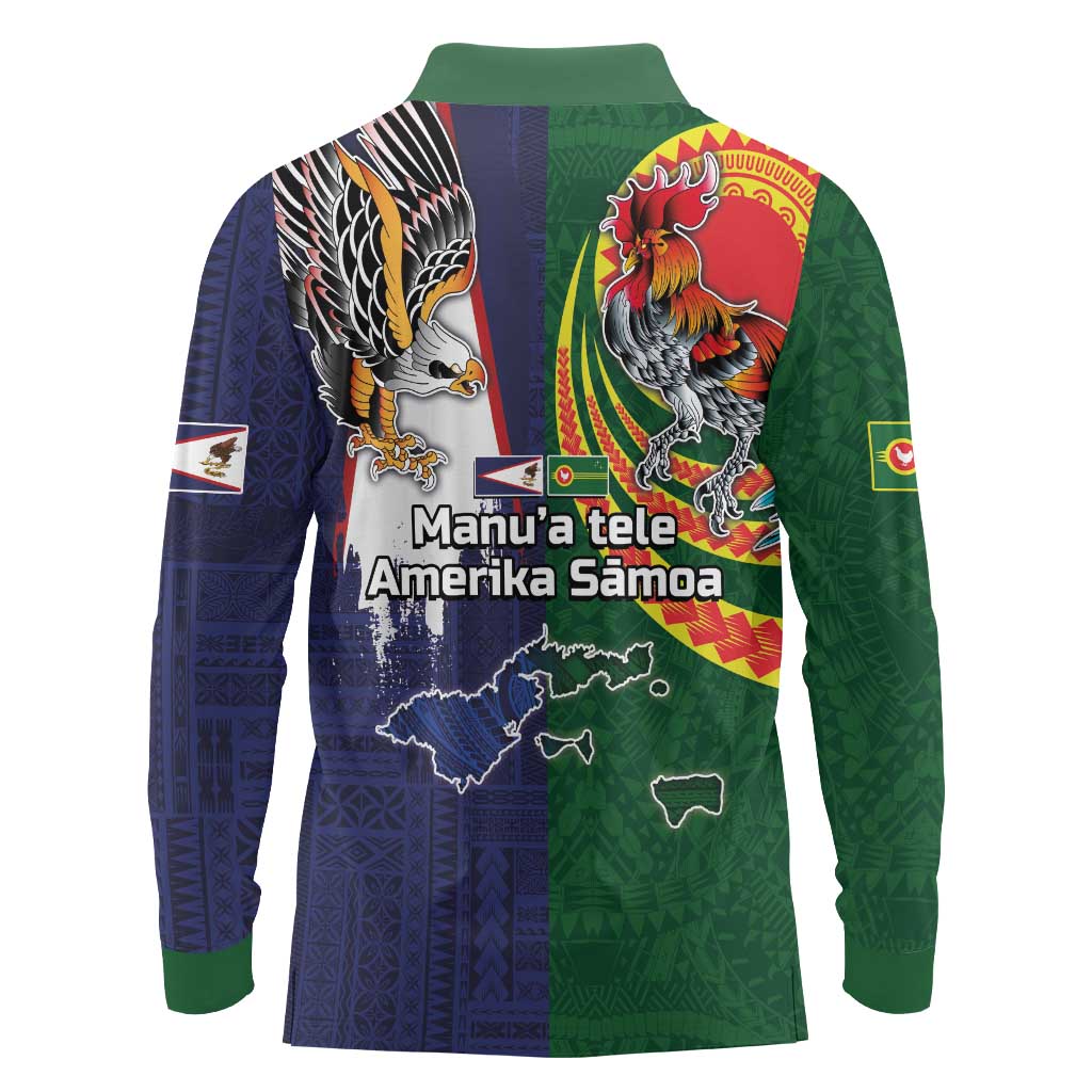 Manuʻa Islands and American Samoa Together Long Sleeve Polo Shirt Rooster and Eagle Mascot National Map and Flag Style