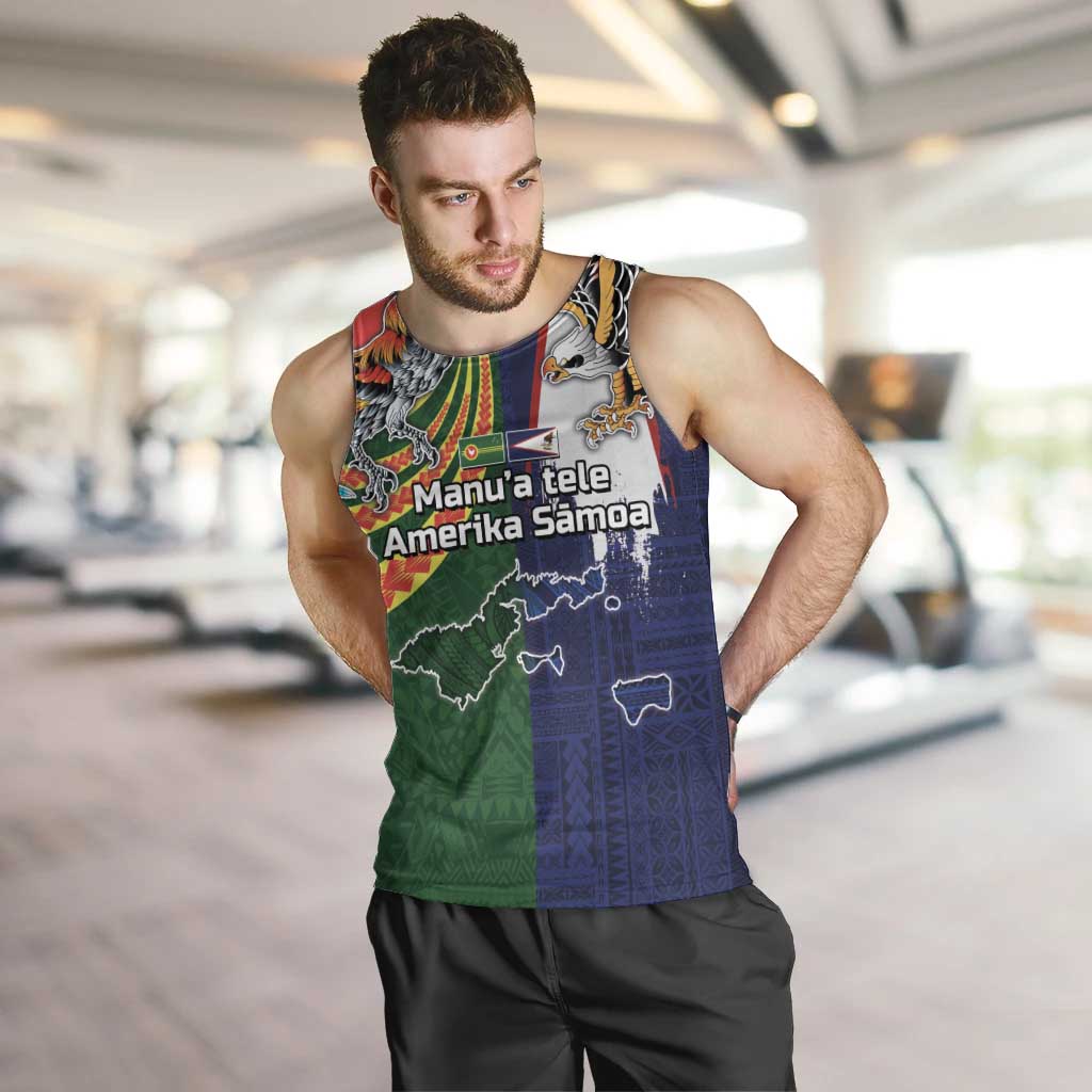 Manuʻa Islands and American Samoa Together Men Tank Top Rooster and Eagle Mascot National Map and Flag Style