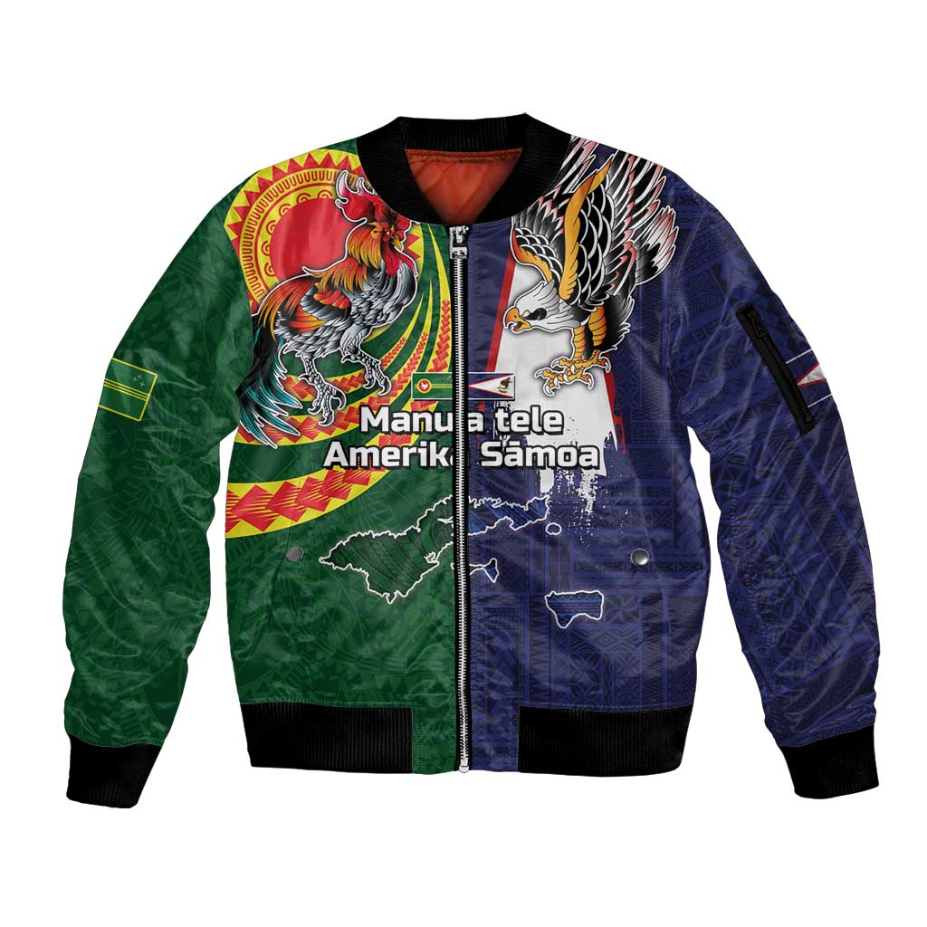 Manuʻa Islands and American Samoa Together Sleeve Zip Bomber Jacket Rooster and Eagle Mascot National Map and Flag Style