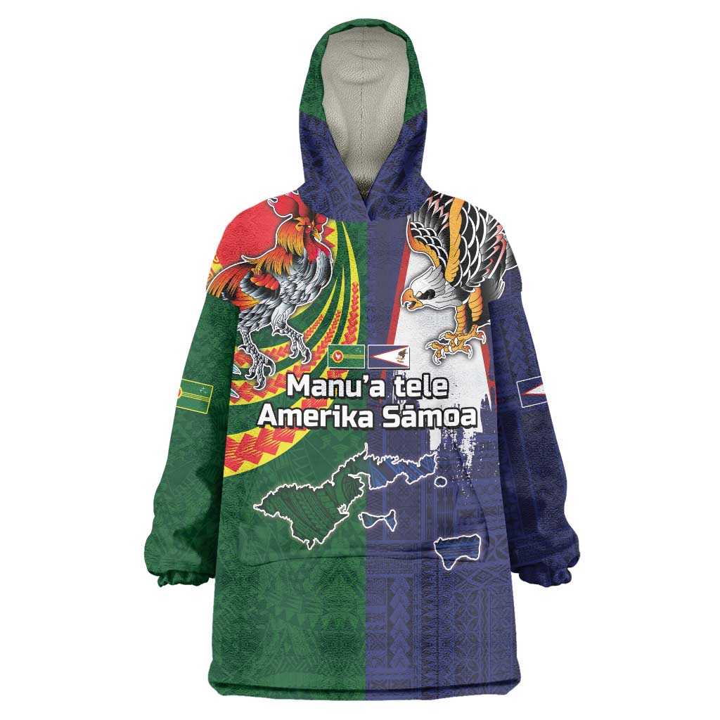 Manuʻa Islands and American Samoa Together Wearable Blanket Hoodie Rooster and Eagle Mascot National Map and Flag Style