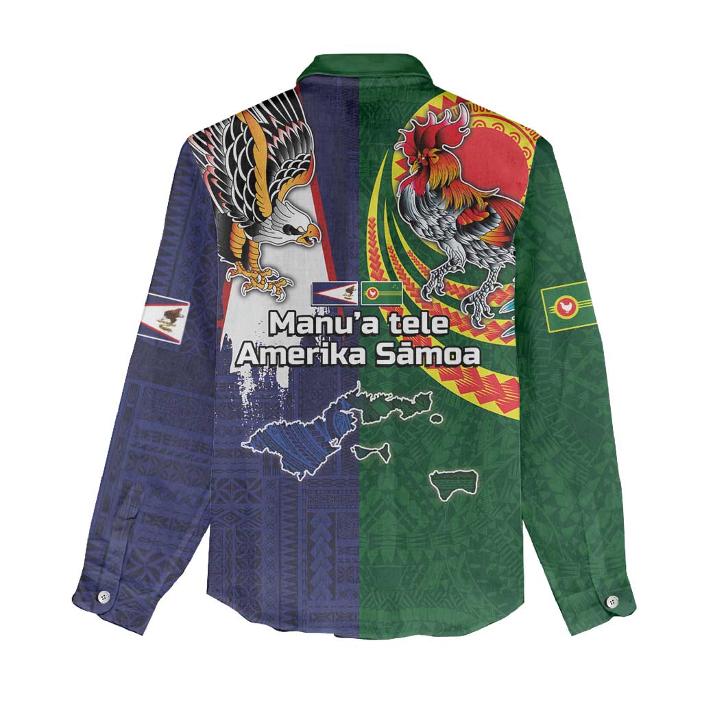 Manuʻa Islands and American Samoa Together Women Casual Shirt Rooster and Eagle Mascot National Map and Flag Style