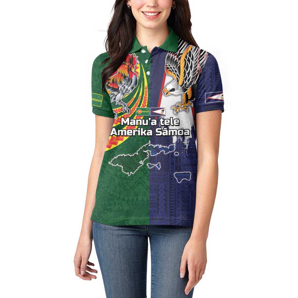 Manuʻa Islands and American Samoa Together Women Polo Shirt Rooster and Eagle Mascot National Map and Flag Style