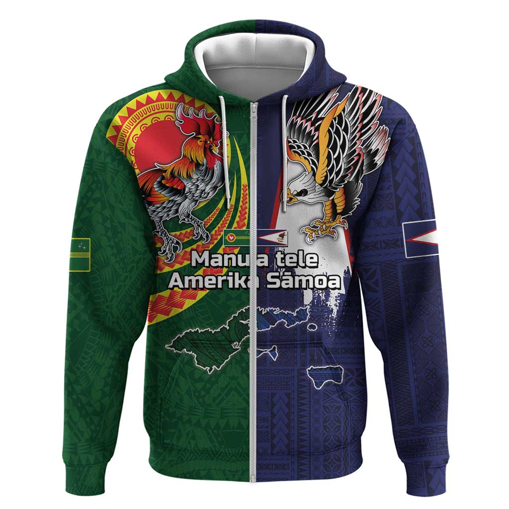 Manuʻa Islands and American Samoa Together Zip Hoodie Rooster and Eagle Mascot National Map and Flag Style