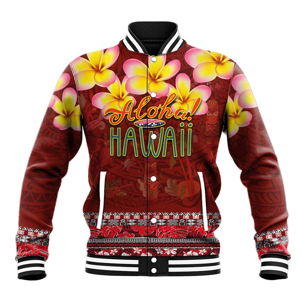 Aloha Plumeria Flowers Baseball Jacket With Hawaiian Style Tapa Tribal LT03 Unisex Red - Polynesian Pride