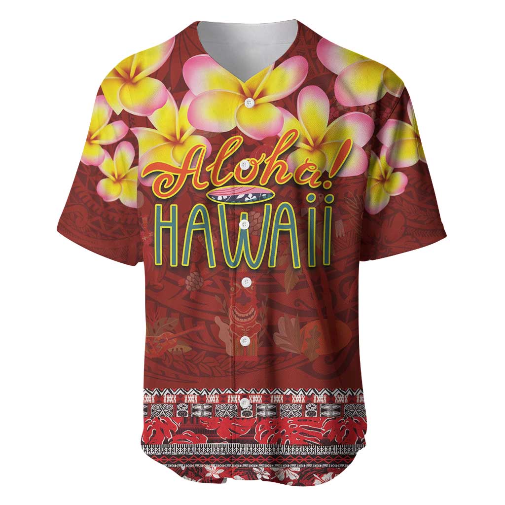 Aloha Plumeria Flowers Baseball Jersey With Hawaiian Style Tapa Tribal LT03 Red - Polynesian Pride
