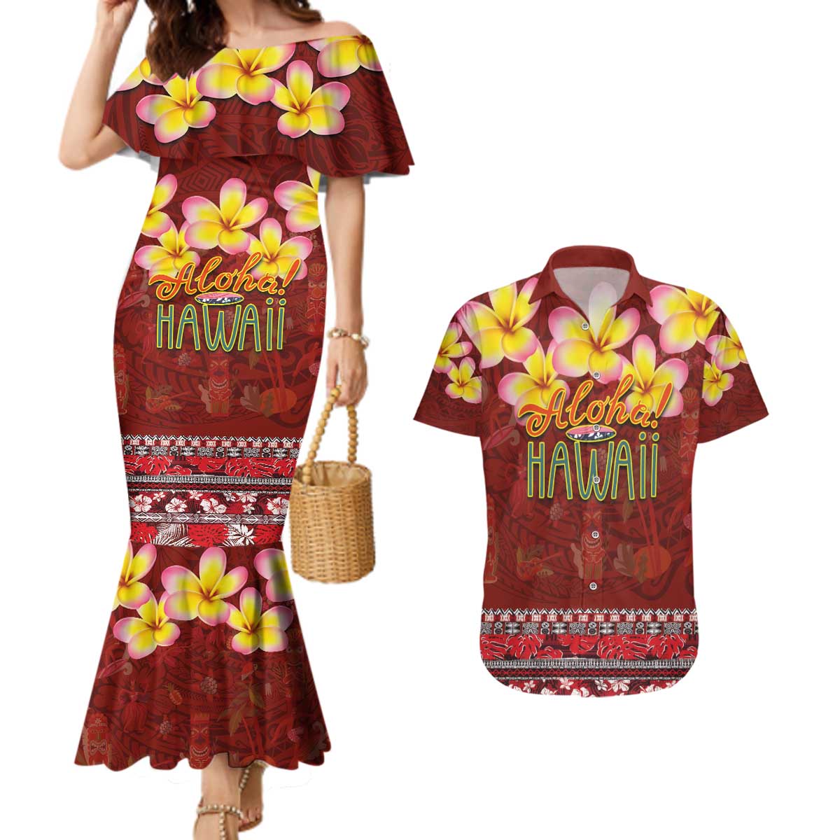 Aloha Plumeria Flowers Couples Matching Mermaid Dress and Hawaiian Shirt With Hawaiian Style Tapa Tribal