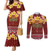Aloha Plumeria Flowers Couples Matching Mermaid Dress and Long Sleeve Button Shirt With Hawaiian Style Tapa Tribal