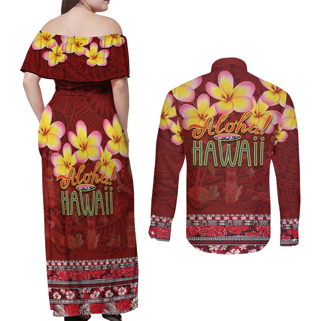 Aloha Plumeria Flowers Couples Matching Off Shoulder Maxi Dress and Long Sleeve Button Shirt With Hawaiian Style Tapa Tribal