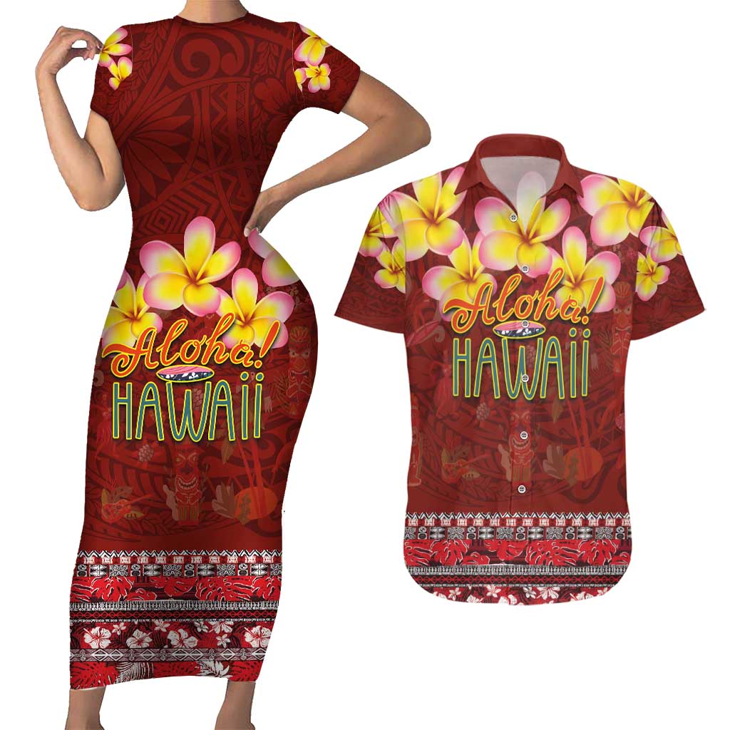 Aloha Plumeria Flowers Couples Matching Short Sleeve Bodycon Dress and Hawaiian Shirt With Hawaiian Style Tapa Tribal