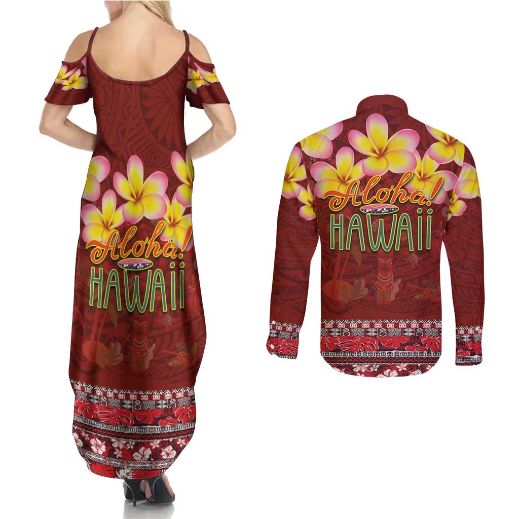 Aloha Plumeria Flowers Couples Matching Summer Maxi Dress and Long Sleeve Button Shirt With Hawaiian Style Tapa Tribal
