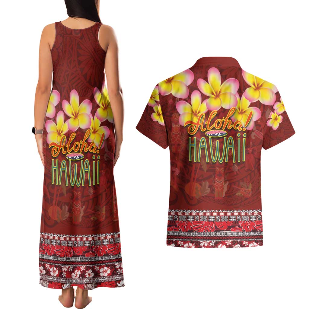 Aloha Plumeria Flowers Couples Matching Tank Maxi Dress and Hawaiian Shirt With Hawaiian Style Tapa Tribal