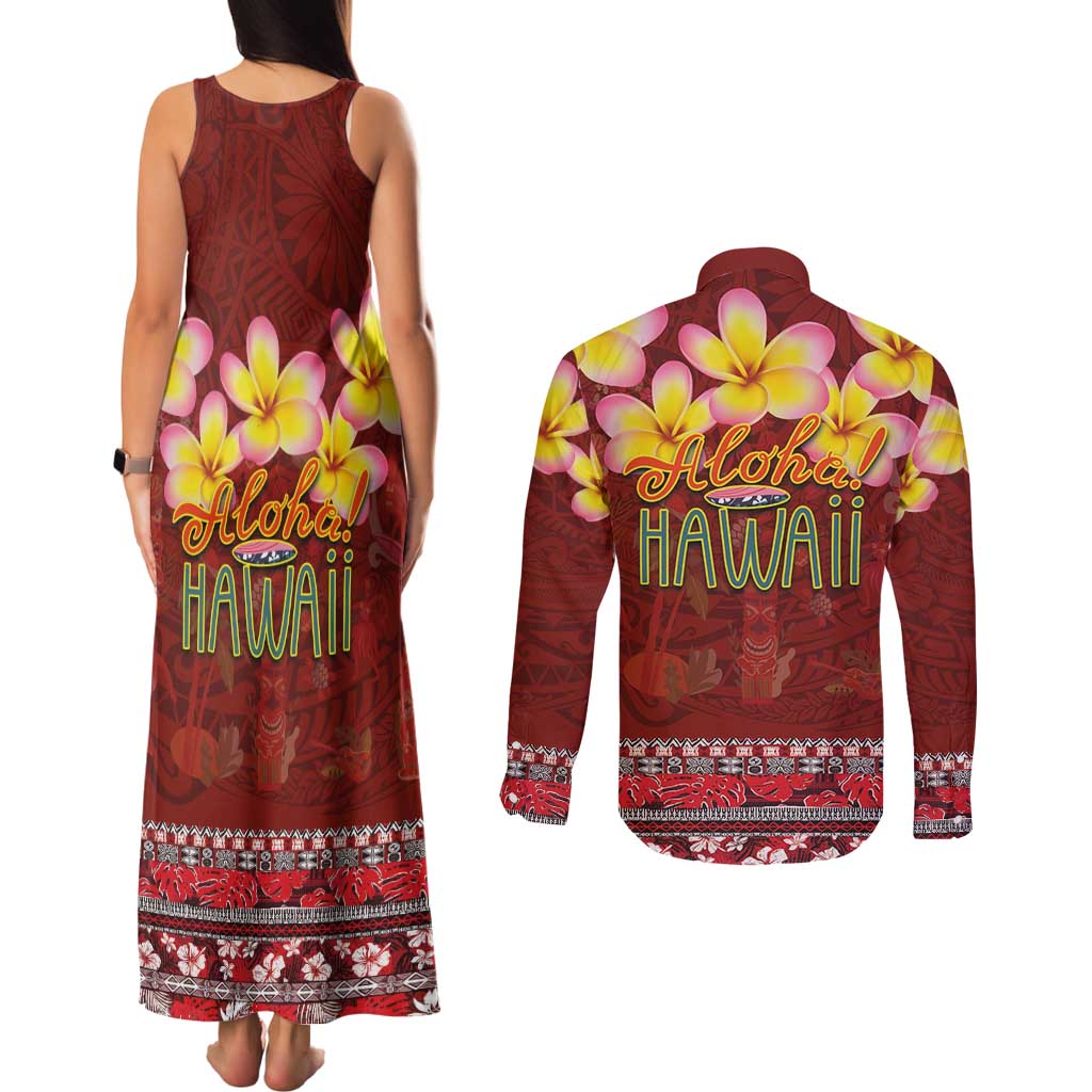 Aloha Plumeria Flowers Couples Matching Tank Maxi Dress and Long Sleeve Button Shirt With Hawaiian Style Tapa Tribal