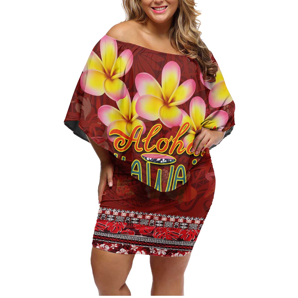 Aloha Plumeria Flowers Family Matching Off Shoulder Short Dress and Hawaiian Shirt With Hawaiian Style Tapa Tribal