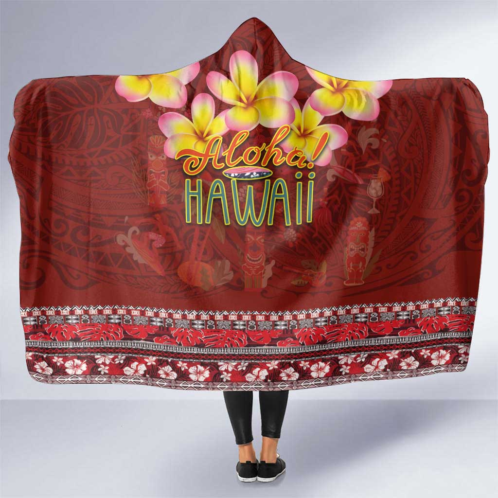 Aloha Plumeria Flowers Hooded Blanket With Hawaiian Style Tapa Tribal